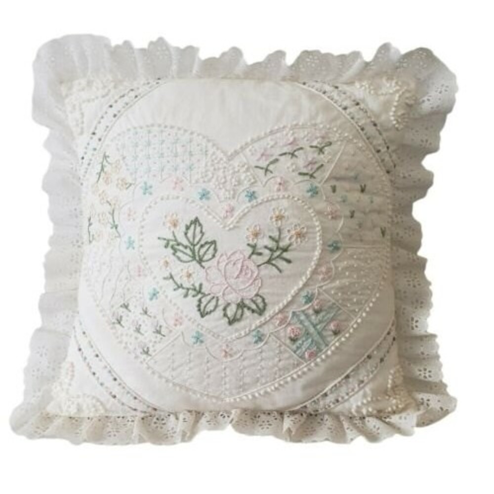 Something Special Heart Embroidered Pillow Eyelet Lace 14 x 14